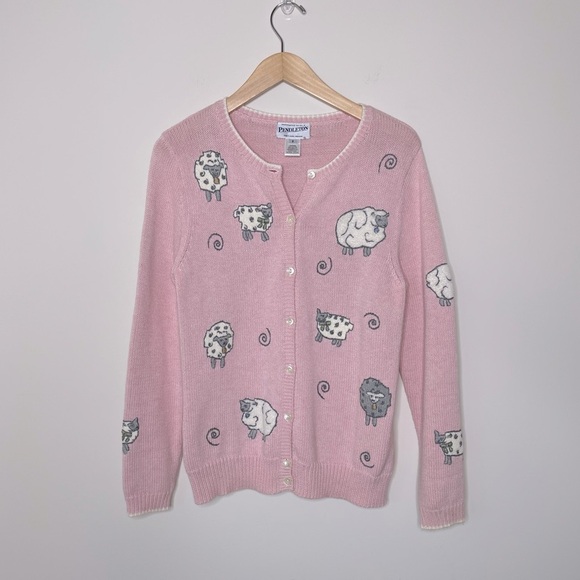 Pendleton Sheep Puff Print Graphic Cardigan in pink blush grandma core Y2K - Picture 1 of 16